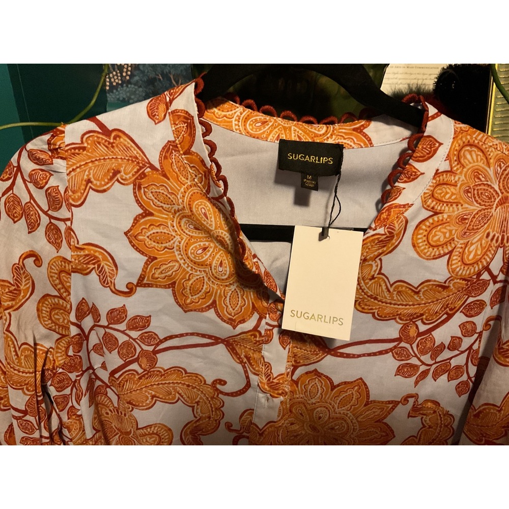 Sugarlips Orange White Floral Tiered Mini Dress Scallop Trim Long Sleeve NWT M